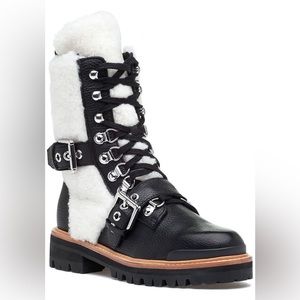 Sigerson Morrison shearling sheep fur leather black lace up zip combat boots 6